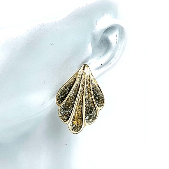 Vintage Gold Fan Earrings w/ Diamond Dust Inlay – Pierced – Made in USA - Picture 5 of 9